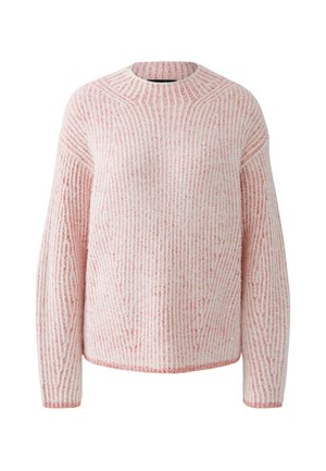 Soft knit sweater in white and pink stripes with long sleeves and a round neckline, featuring a relaxed fit.