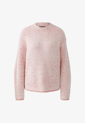 Soft knit sweater in white and pink stripes with long sleeves and a round neckline, featuring a relaxed fit.