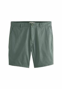 Pantaloni corti verdi realizzati in tessuto leggero con fronte piatto, due tasche laterali e chiusura con un solo bottone in vita. Texture liscia.