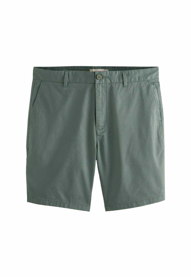 Pantaloni corti verdi realizzati in tessuto leggero con fronte piatto, due tasche laterali e chiusura con un solo bottone in vita. Texture liscia.