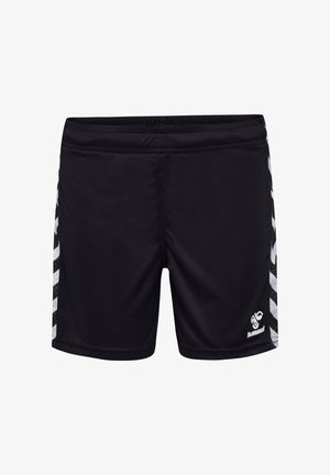 Schwarze Sportshorts mit glatter Textur, die an den Seiten weiße Chevron-Muster und ein kleines Logo an der Vorderseite aufweisen. Elastischer Bund.