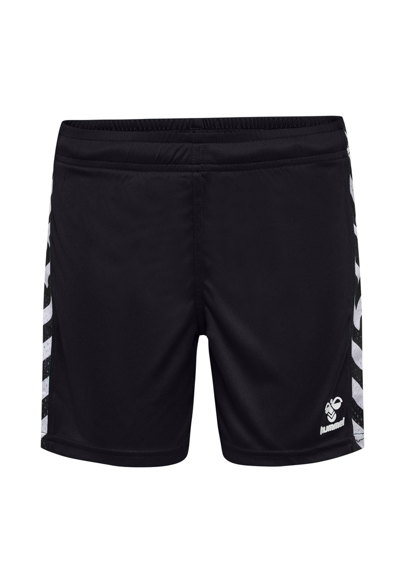 Svarta sportshorts med en slät yta, prydda med vita chevronmönster på sidorna och en liten logotyp på framsidan. Elastisk midja.