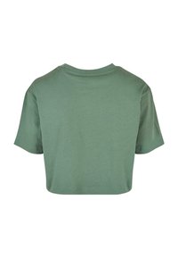 T-shirt court vert uni à manches courtes, montré de dos avec un col rond et des détails de couture simples.