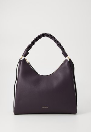 Purple leather hobo bag with a textured finish, featuring a braided handle, gold hardware, and a zip closure along the top edge.