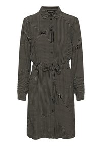 Vestito a righe bianco e nero con colletto, maniche lunghe, chiusura con bottoni, cintura in vita e dettagli a motivo geometrico.