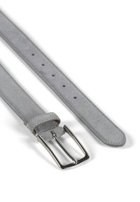 Gray suede belt with a metal rectangular buckle, featuring a smooth texture, multiple adjustment holes, and stitched leather accents.