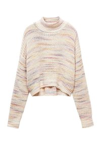 Maglione lavorato all'uncinetto, design corto, colori pastello con leggere variazioni, collo alto, texture a coste, maniche lunghe, polsini ampi.