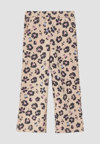 Beige broek met een zwart, roze en blauwe bloemen- en luipaardprint, voorzien van een elastische tailleband en een rechte pijp.
