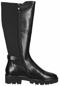 Black knee-high boot featuring smooth leather and a zipper closure, with a chunky rubber lug sole and a wide shaft design.