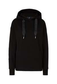 Sweat à capuche noir à manches longues avec des larges cordons arborant le texte répété "JOOP!" et des embouts métalliques aux extrémités.