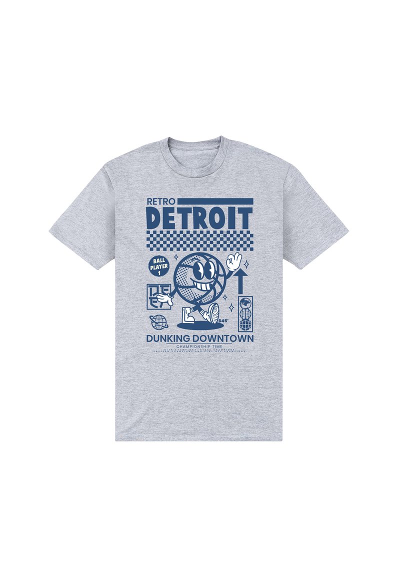 Šedé bavlněné tričko s modrou retro grafikou, na které je nápis "RETRO DETROIT" a grafika basketbalisty s hravými prvky.