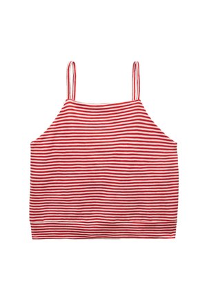 Crop top rayé horizontal rouge et blanc avec fines bretelles et encolure carrée.