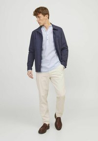 Giacca blu navy con bottoni, sopra una camicia a maniche lunghe azzurra chiara, abbinata a pantaloni color crema e mocassini marrone scuro.