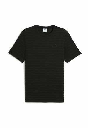 Fekete, rövid ujjú póló bordás textúrával, kerek nyakkivágással és diszkrét Puma logóval hímzett a mellkasán.