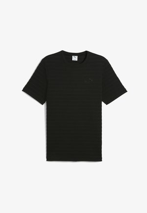 Fekete, rövid ujjú póló bordás textúrával, kerek nyakkivágással és diszkrét Puma logóval hímzett a mellkasán.