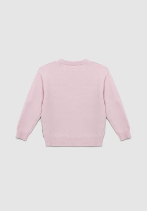 Maglione a maglia rosa chiaro con polsini, orlo e scollatura a coste, mostrato da dietro su uno sfondo grigio uniforme.