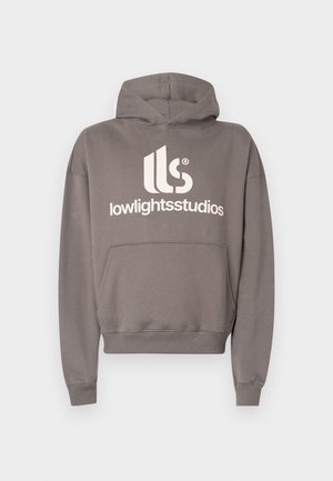 Grauer Kapuzenpullover aus Baumwolle. Verfügt über eine Kängurutasche und ein vorderes Logo in Cremefarbe. Rippbündchen an den Ärmeln und am Saum.