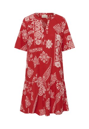 Abito corto a maniche corte rosso con motivi floreali bianchi e paisley, scollo con bottoni e dettaglio arricciato sull'orlo.