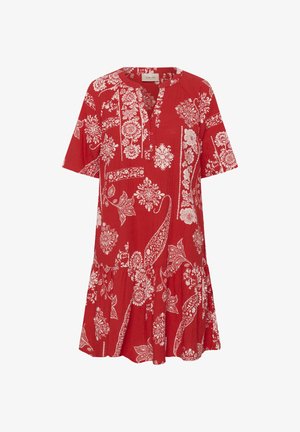 Rotes kurzärmeliges Kleid mit weißen Blumen- und Paisley-Mustern, geknöpftem Ausschnitt und detailreichem gerafftem Saum.