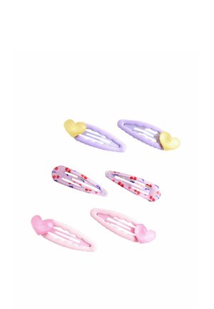 Six decorative hair clips in purple, pink, and patterned designs, each with heart or cherry motifs on a white background.