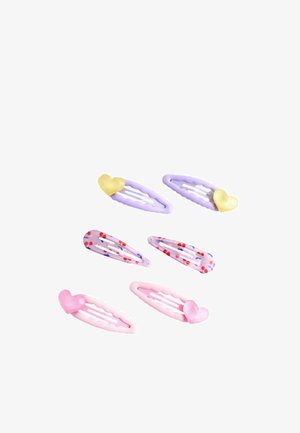 Six decorative hair clips in purple, pink, and patterned designs, each with heart or cherry motifs on a white background.