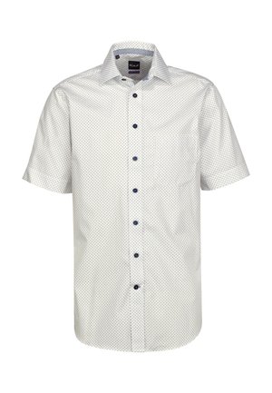 Kurzärmliges weißes Hemd mit dunkelblauen Punkten, Button-Down-Kragen und dunkelblauen Knöpfen. Verfügt über eine Tasche auf der linken Seite.