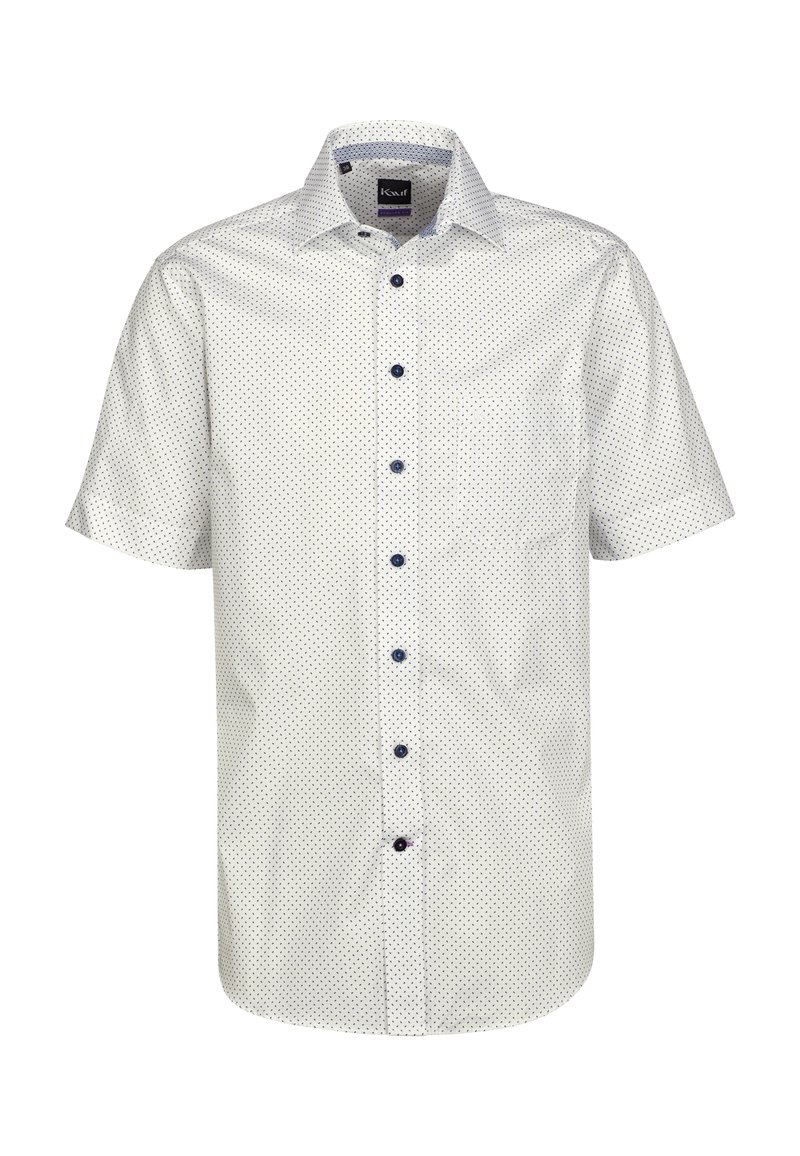 Camicia bianca a maniche corte con pois blu navy, colletto button-down e bottoni blu navy. Presenta una tasca sul lato sinistro.