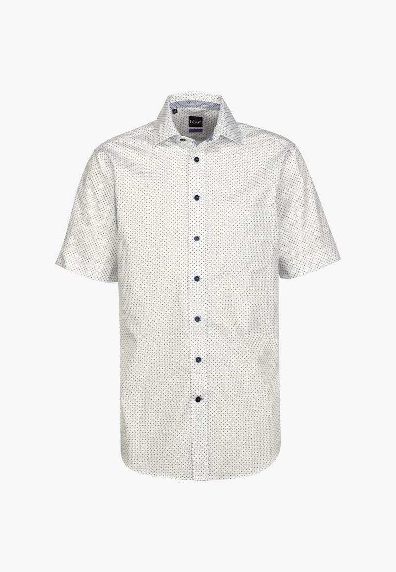 Camicia bianca a maniche corte con pois blu navy, colletto button-down e bottoni blu navy. Presenta una tasca sul lato sinistro.