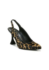 Leopardenmuster Slingback-Absatzschuh mit spitzer Spitze, schwarzem Lederbesatz und skulptiertem Blockabsatz. Die Textur wirkt weich und glänzend.