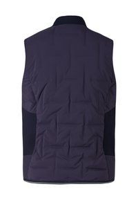 Marineblaue gesteppte Weste mit hohem Kragen, versehen mit Einsätzen aus Netzgewebe an den Seiten. Glatte Textur mit dezentem Steppmuster und elastischem Saum.
