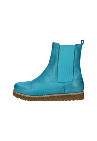 Bottines en cuir turquoise avec panneaux élastiques sur les côtés, semelle en caoutchouc texturée, bout rond et languette au talon.