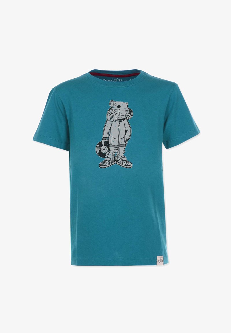 Tealian puuvillane t-särk, millel on graafika kõrvadega karust, kes tõstab kangi. Lühikesed varrukad ja ümar kaelus.