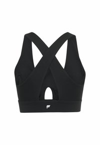 Zwarte sportbeha met een kruisrugontwerp, gemaakt van rekbare stof. Bevat een sleutelgatdetail en een logo aan de onderband.