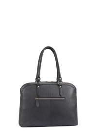 Zwarte leren handtas met dubbele handvatten, horizontale ritszak aan de voorkant en gouden hardware details.