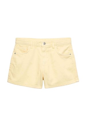 Lysegule denimshorts med foran knap, bæltestropper og lommer på begge sider mod en hvid baggrund.