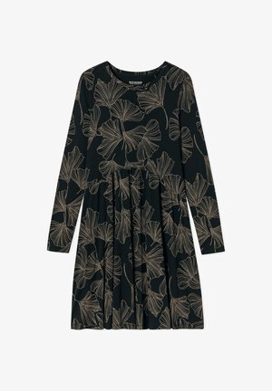 Schwarzes Kleid mit langen Ärmeln und gerafftem Bund, verziert mit einem goldenen Ginkgo-Blatt-Muster und einem runden Ausschnitt aus weichem Stoff.