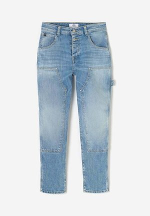 Light blue denim jeans with a straight leg design, featuring patch accents on the front, standard five-pocket style, and metal button closure.