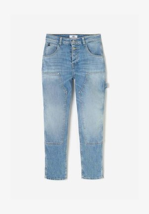 Light blue denim jeans with a straight leg design, featuring patch accents on the front, standard five-pocket style, and metal button closure.