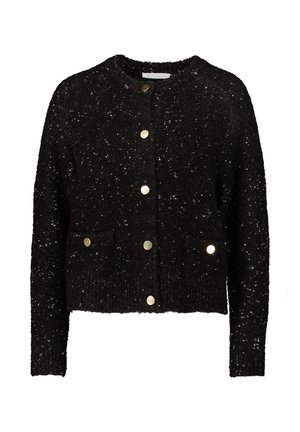 Black textured cardigan featuring a round neckline, long sleeves, and gold-tone button hardware. Two front pockets add functional detail.