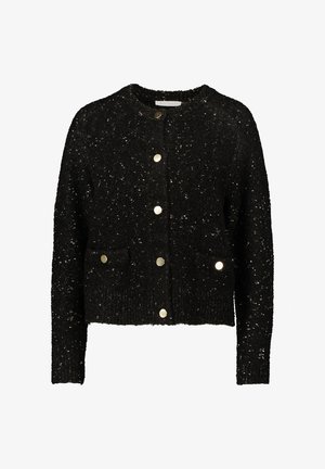 Czarny sweter o fakturze z okrągłym dekoltem, długimi rękawami i złotymi guzikami. Dwie przednie kieszenie dodają funkcjonalności.