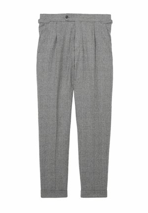 Pelēkas rūtainas bikses ar augstu jostasvietu, krokām priekšpusē, šaurām kāju daļām un pogas aizdari. Audums ir ar teksturētu rakstu.