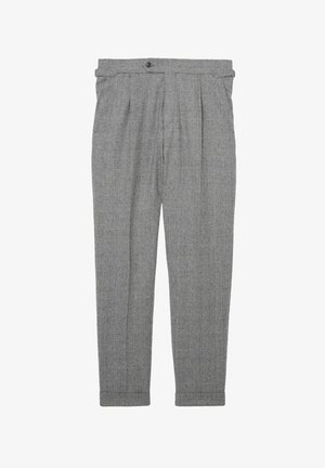 Grau karierte Hosen mit hoher Taille, Falten vorne, zulaufenden Beinen und Knopfverschluss. Der Stoff hat ein strukturiertes Muster.