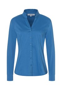 Blue long-sleeve shirt with a mandarin collar, featuring a button-up front and a tailored fit. Smooth texture and solid color.