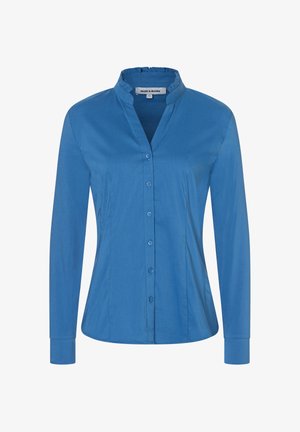 Blue long-sleeve shirt with a mandarin collar, featuring a button-up front and a tailored fit. Smooth texture and solid color.