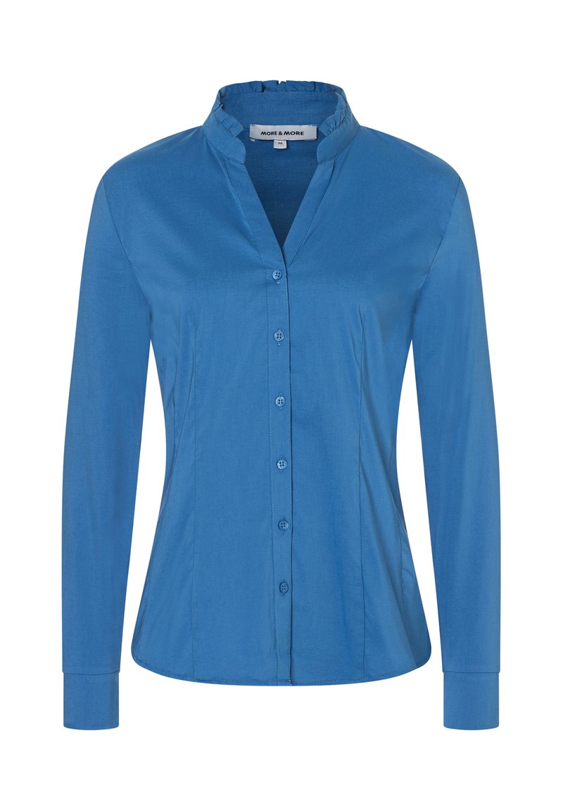 Blue long-sleeve shirt with a mandarin collar, featuring a button-up front and a tailored fit. Smooth texture and solid color.