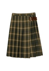 Grønternet nederdel med plisseringer, prydet med gule og marineblå linjer. Brun ruskindsbuckle-accents på taljebåndet tilføjer detaljer.