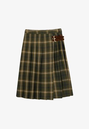 Grønternet nederdel med plisseringer, prydet med gule og marineblå linjer. Brun ruskindsbuckle-accents på taljebåndet tilføjer detaljer.