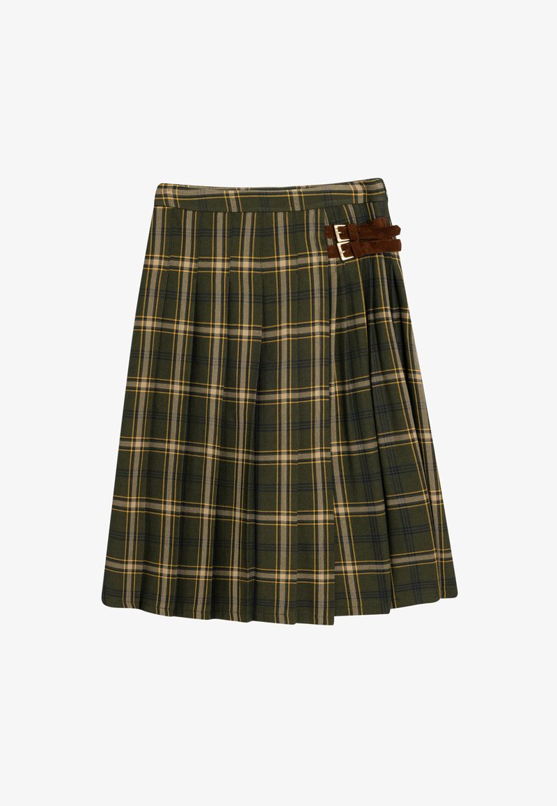 Gonna a quadri verdi con pieghe, caratterizzata da linee gialle e blu navy. Gli accenti in suede marrone con fibbia sulla vita aggiungono dettaglio.