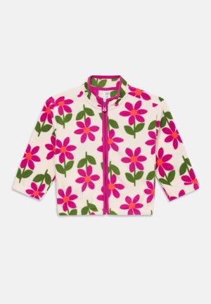 Flis jakna z zadrgo, z kremno podlago in svetlo rožnatimi cvetovi ter zelenimi listi v ponovnem vzorcu.