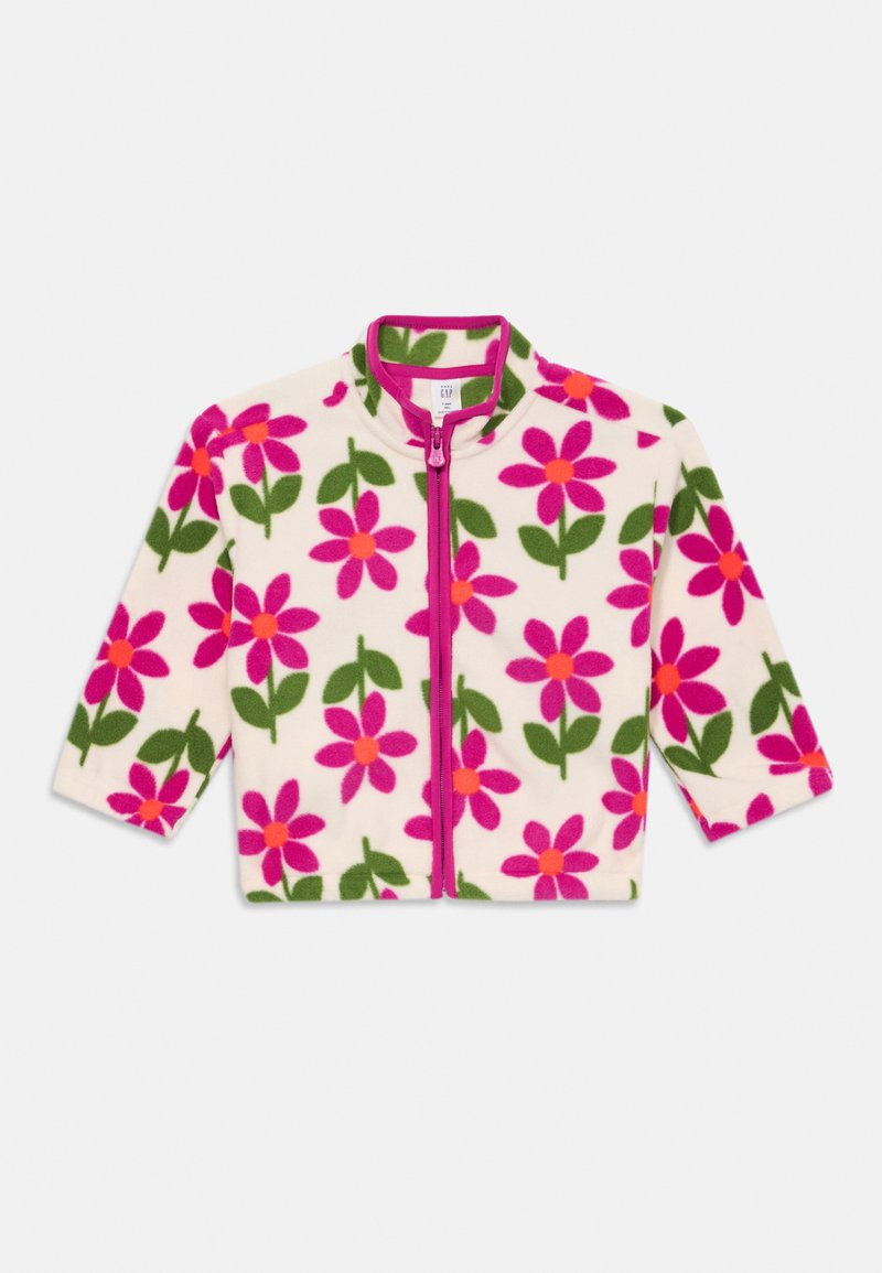 Giacca in pile con chiusura a zip, su sfondo crema e con fiori rosa acceso e foglie verdi in un motivo ripetuto.